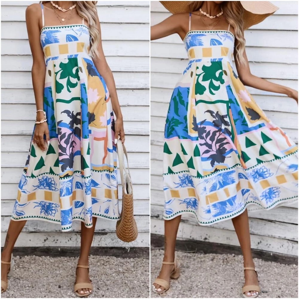 019 Boho Tropical Geo Print Smocked Cami Sun Dress - Picture 3 of 6